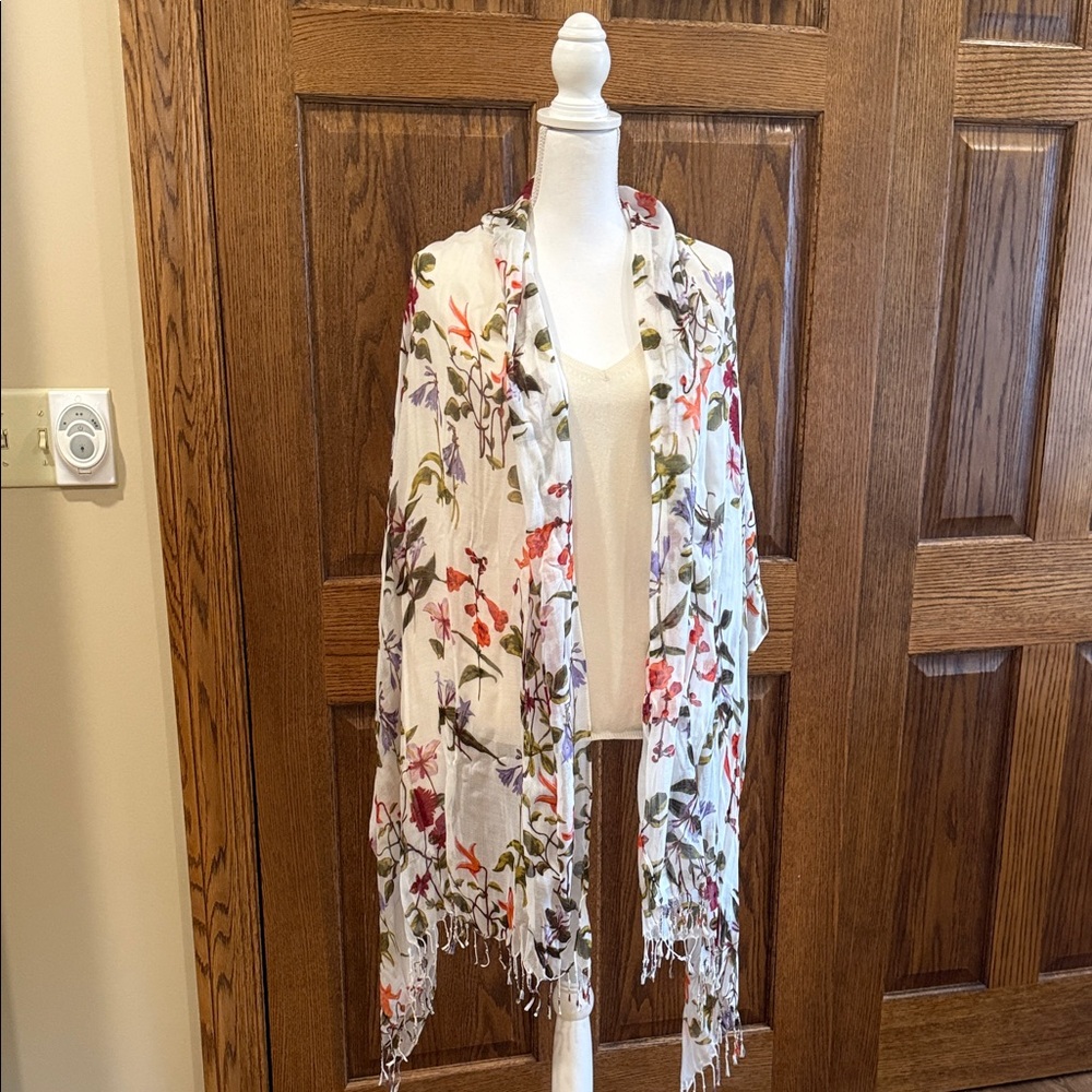 Floral Lightweight Scarf Wrap With Fringe